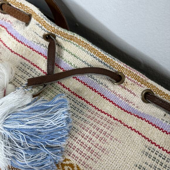Lovestitch Tan Multicolor Striped Canvas Boho Bag Drawstring Snap Closure - Picture 8 of 16